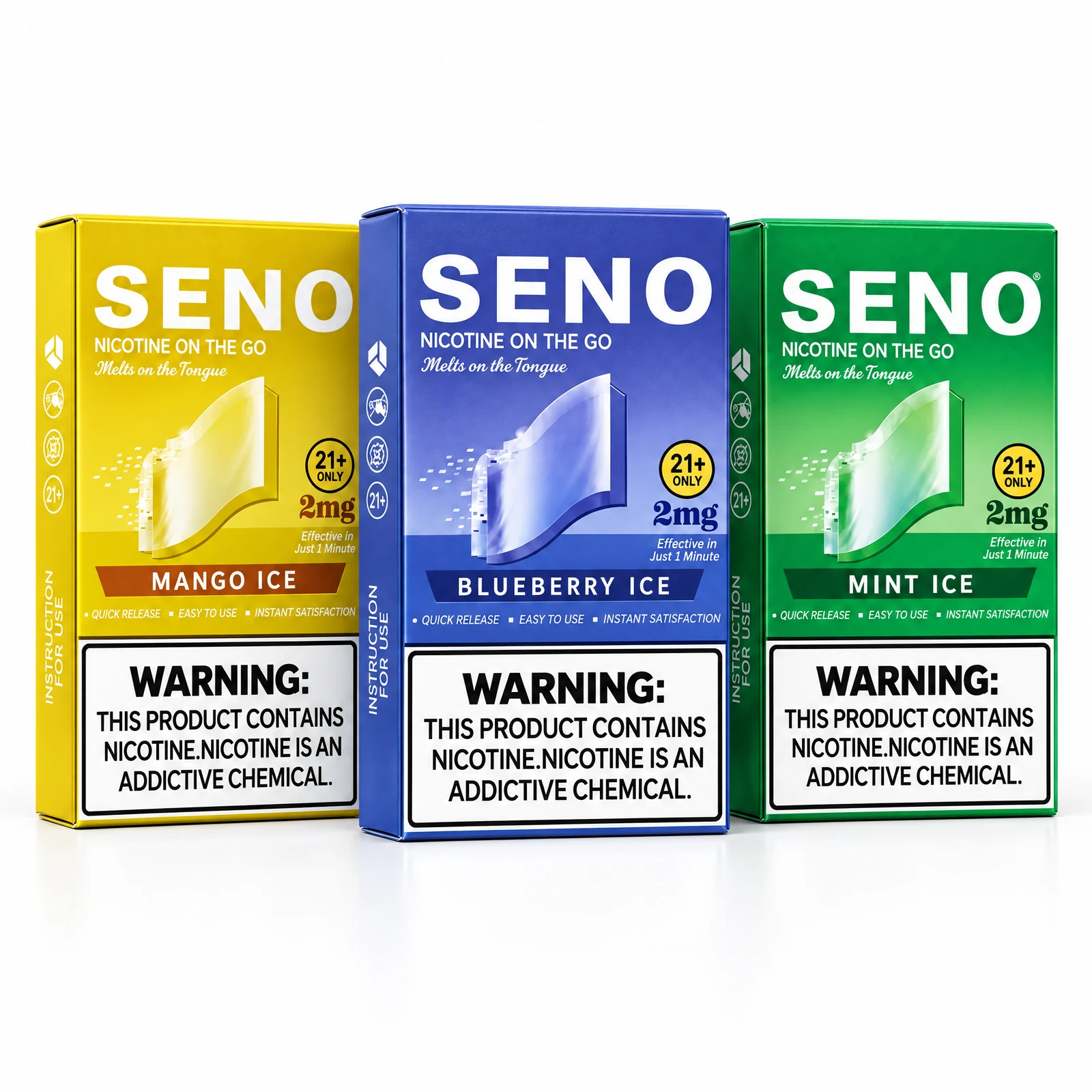 SENO 2mg nicotine strip cartons - Mango Ice, Blueberry Ice and Mint Ice
