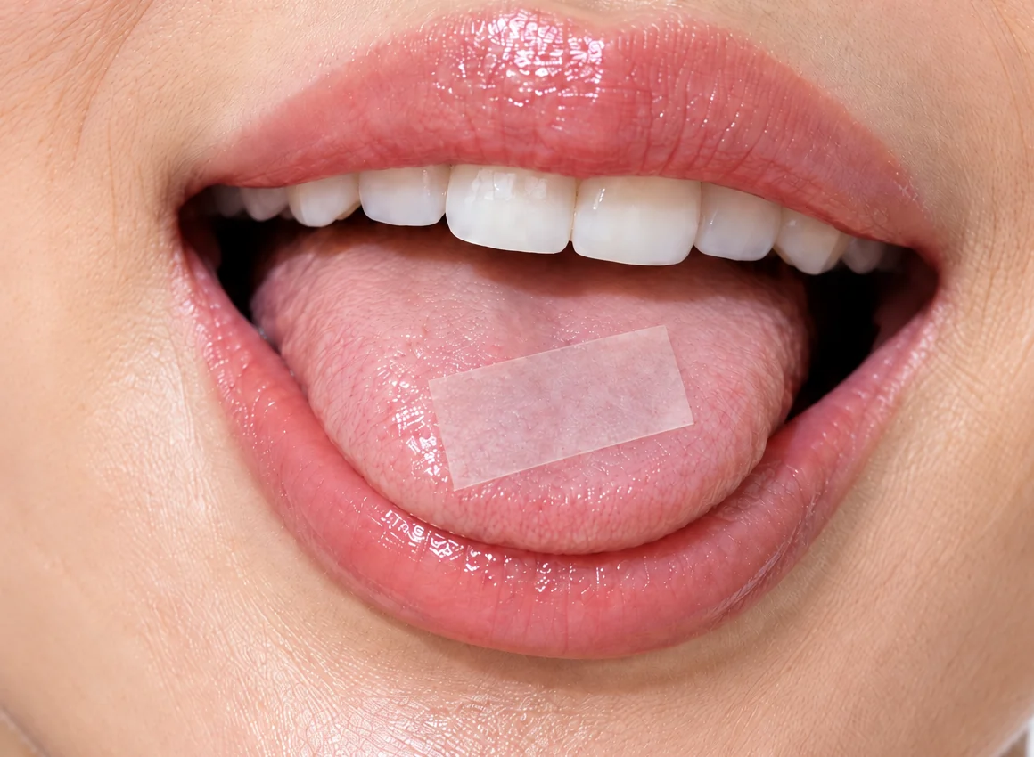 A flat rectangular film strip resting on the tongue